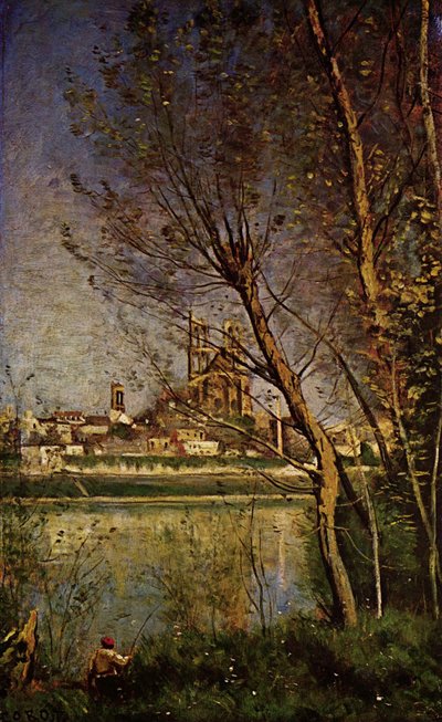 Cathedral of Mantes, with Fisherman by Jean Baptiste Camille Corot